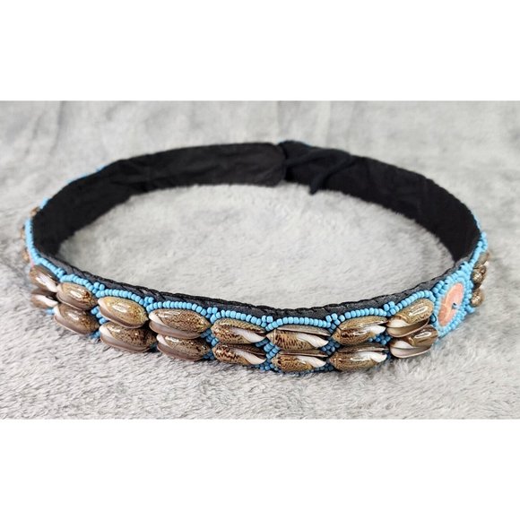 Womens Belt Turquoise Seed Bead Shell Red Wood Boho Hippie Hand Made In USA